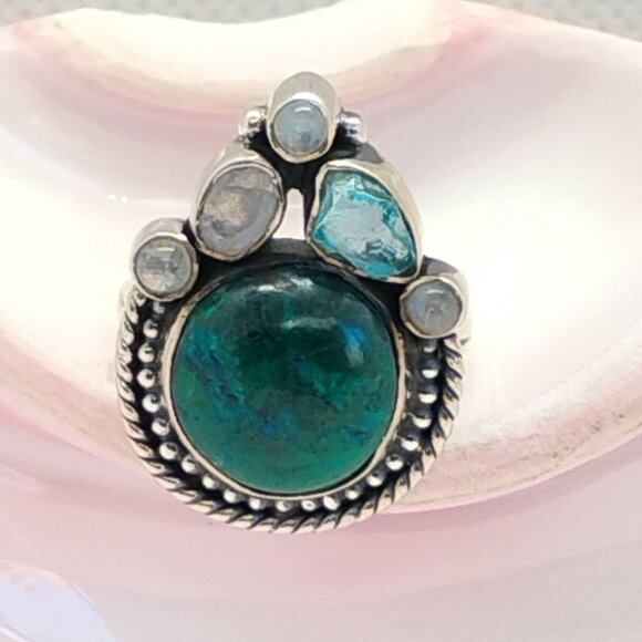 Chrysocolla or Eliat Stone Moonstone Opal Topaz Sterling Silver Ring Size 9 - Picture 2 of 6